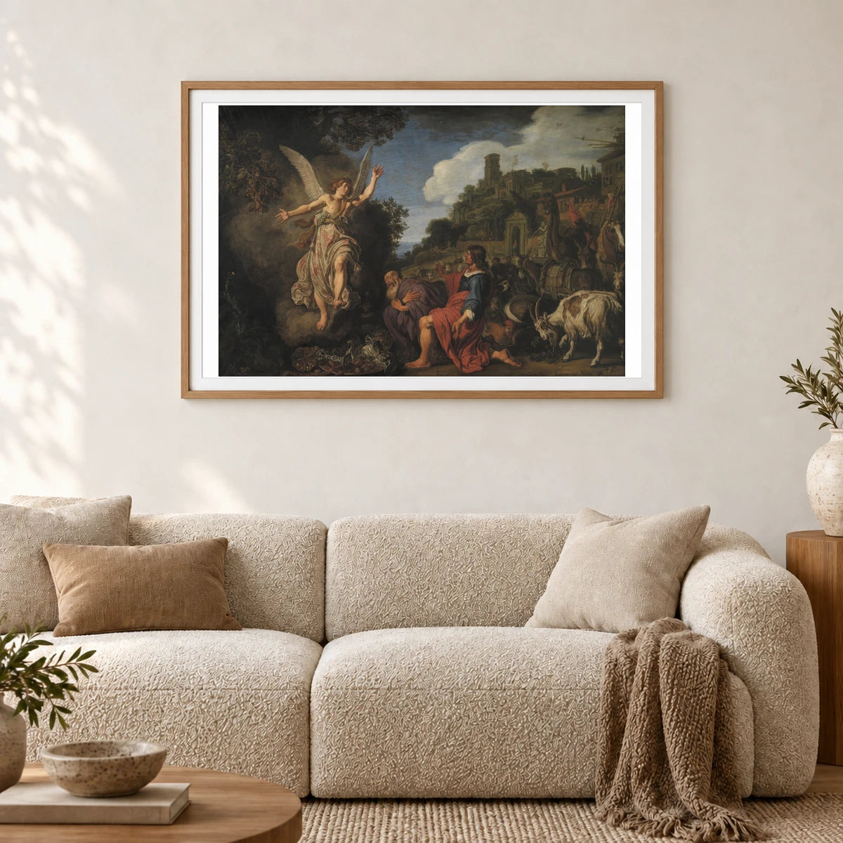 The Angel Raphael Takes Leave Of Old Tobit And His Son Tobias By Pieter Lastman — Classical Art shown in a styled interior