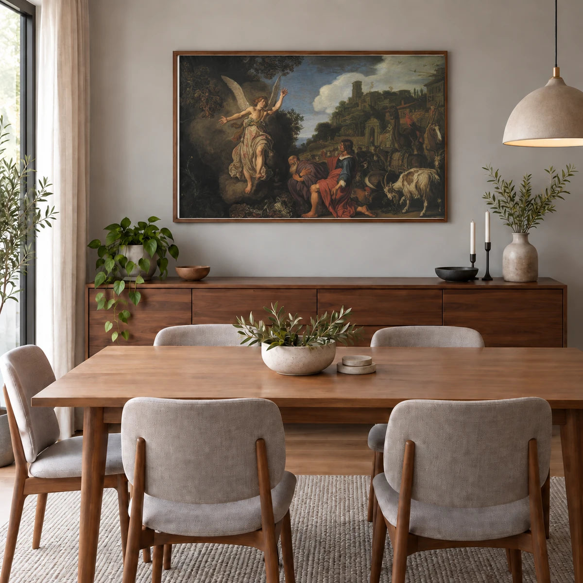 The Angel Raphael Takes Leave Of Old Tobit And His Son Tobias By Pieter Lastman — Classical Art shown in a styled interior
