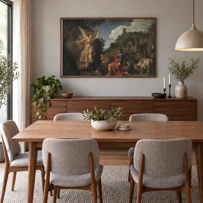 The Angel Raphael Takes Leave Of Old Tobit And His Son Tobias By Pieter Lastman — Classical Art shown in a styled interior