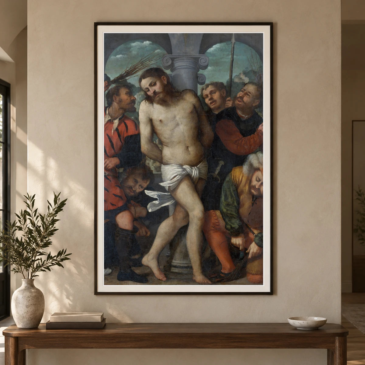 The Flagellation (reverse) The Madonna Of Mercy By Girolamo Romanino — Classical Art shown in a styled interior