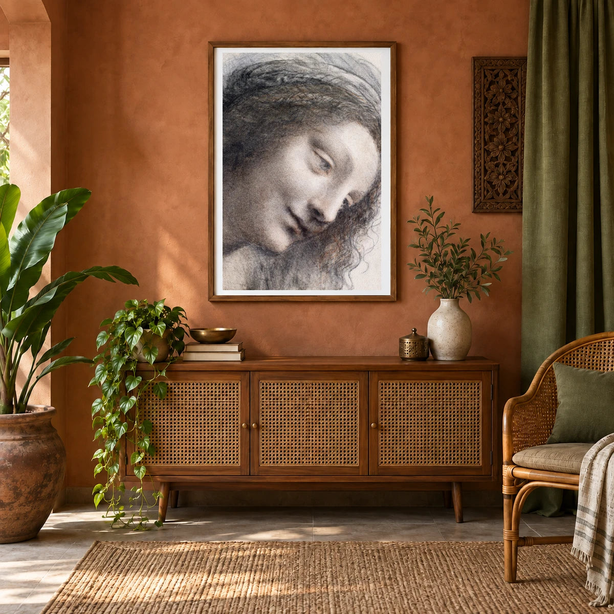 The Head Of The Virgin In Three Quarter View Facing Right (ca. 1510–1513) By Leonardo Da Vinci — Classical Art shown in a styled interior