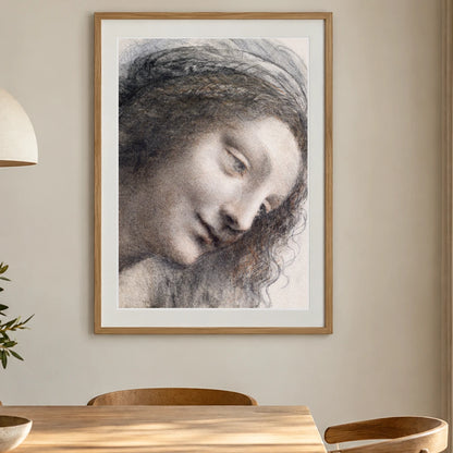 The Head Of The Virgin In Three Quarter View Facing Right (ca. 1510–1513) By Leonardo Da Vinci — Classical Art shown in a styled interior