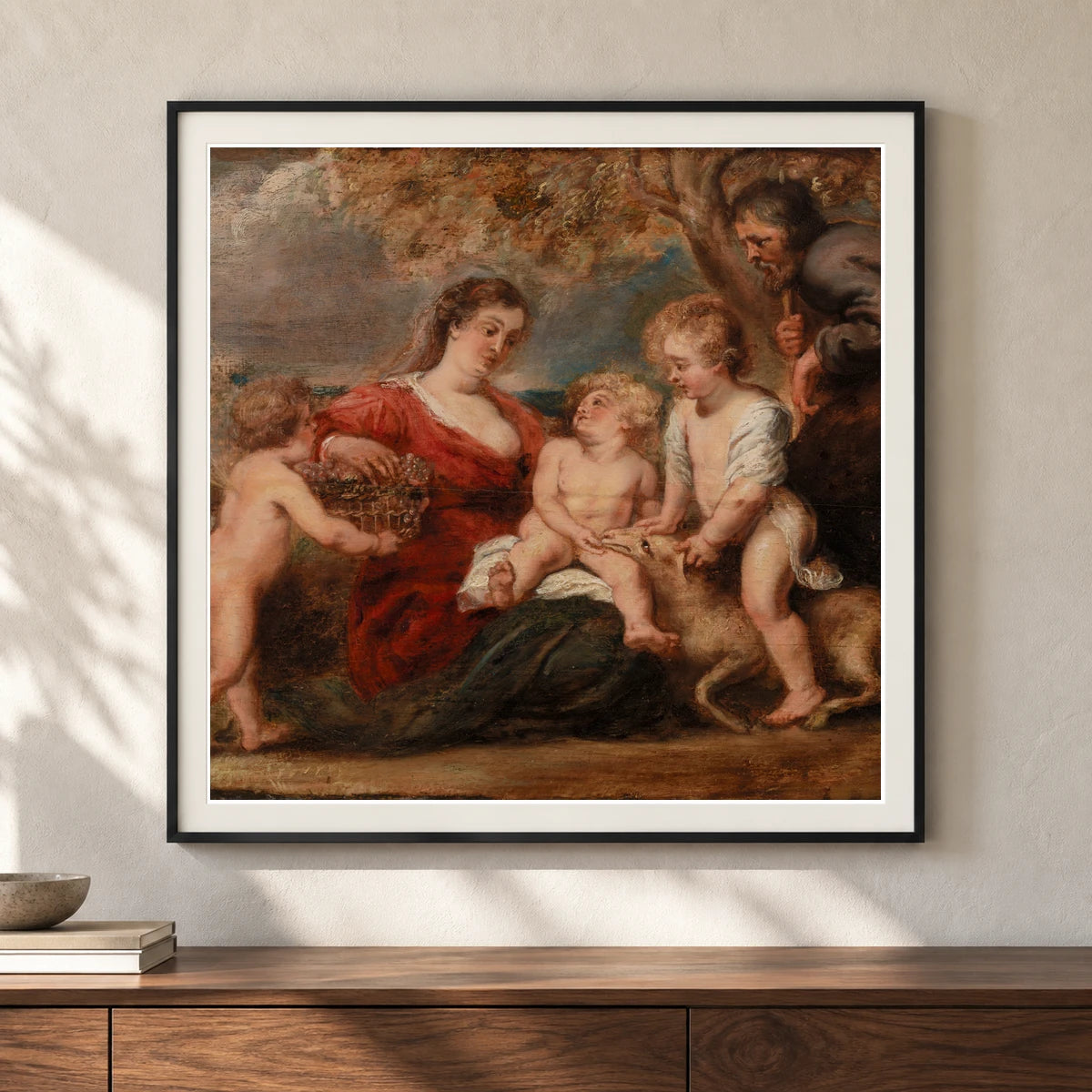 The Holy Family With Saint John The Baptist And An Angel By Peter Paul Rubens — Classical Art shown in a styled interior