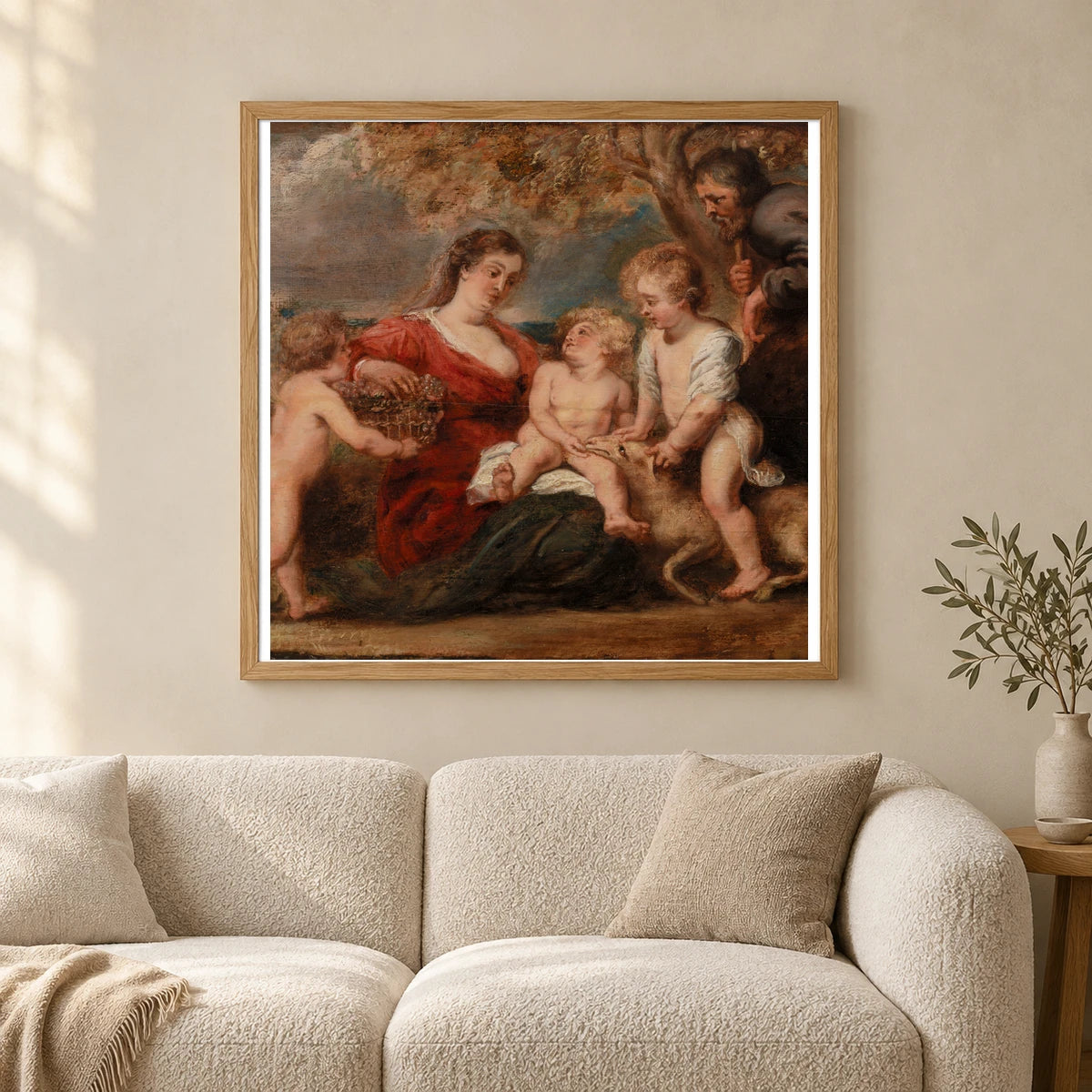 The Holy Family With Saint John The Baptist And An Angel By Peter Paul Rubens — Classical Art shown in a styled interior