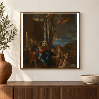 The Holy Family With Saint John The Baptist By Nicolas Poussin — Classical Art shown in a styled interior