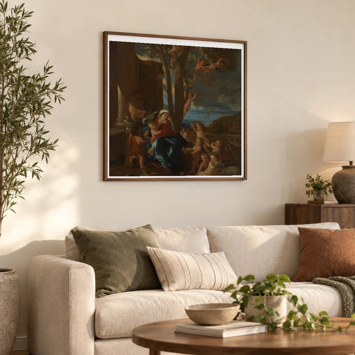 The Holy Family With Saint John The Baptist By Nicolas Poussin — Classical Art shown in a styled interior