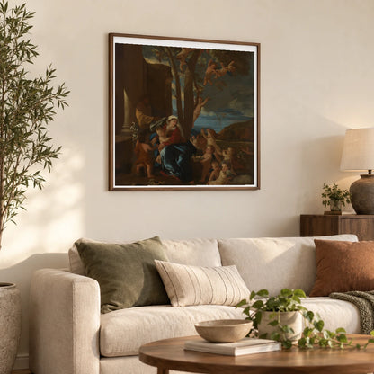 The Holy Family With Saint John The Baptist By Nicolas Poussin — Classical Art shown in a styled interior