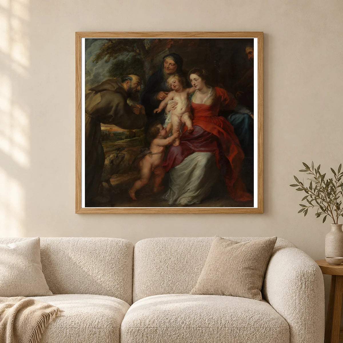 The Holy Family With Saints Francis And Anne And The Infant Saint John The Baptist By Peter Paul Rubens — Classical Art shown in a styled interior