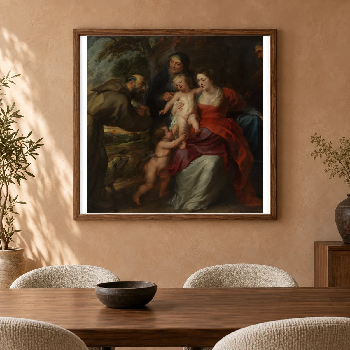 The Holy Family With Saints Francis And Anne And The Infant Saint John The Baptist By Peter Paul Rubens — Classical Art shown in a styled interior