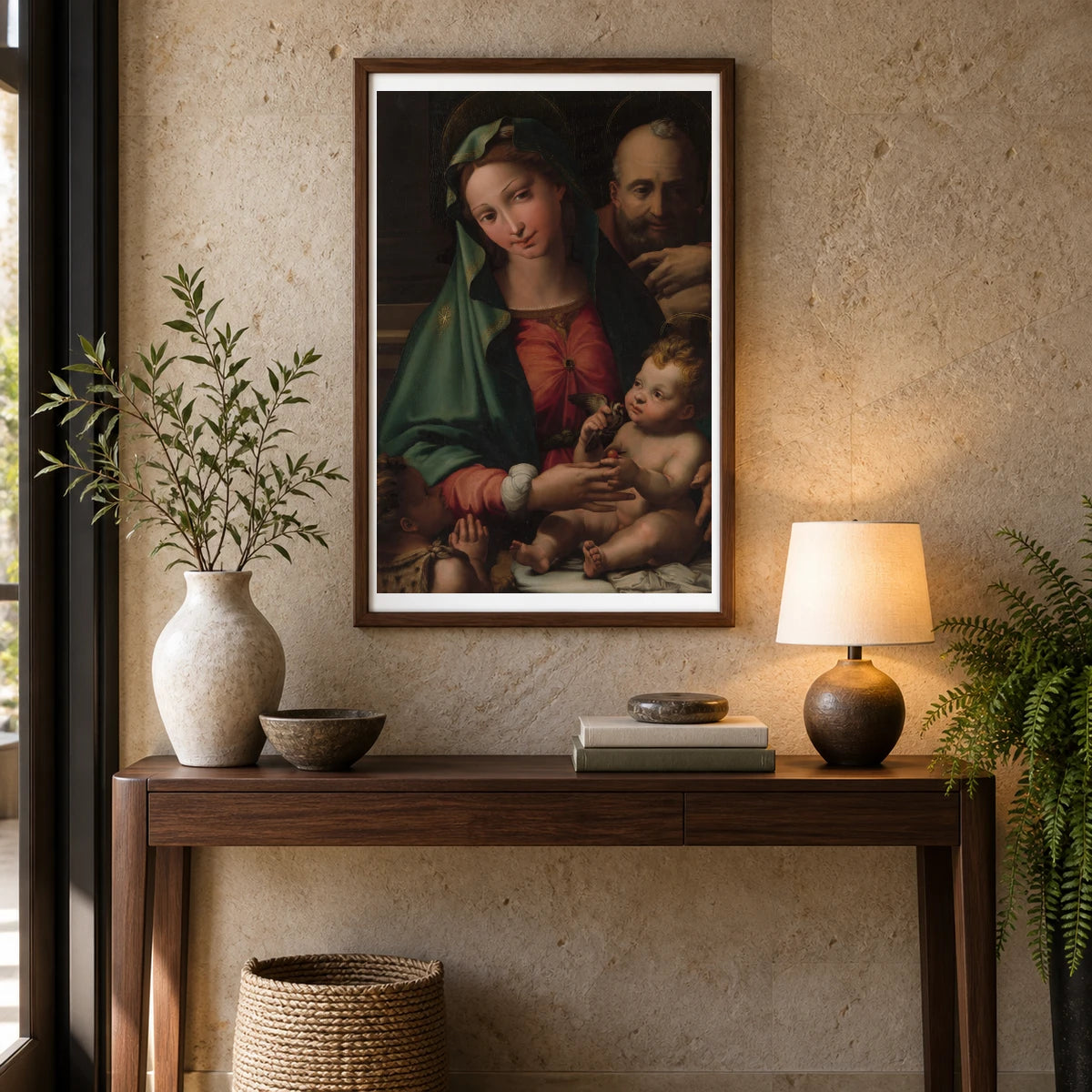 The Holy Family With The Infant Saint John The Baptist By Perino Del Vaga — Classical Art shown in a styled interior