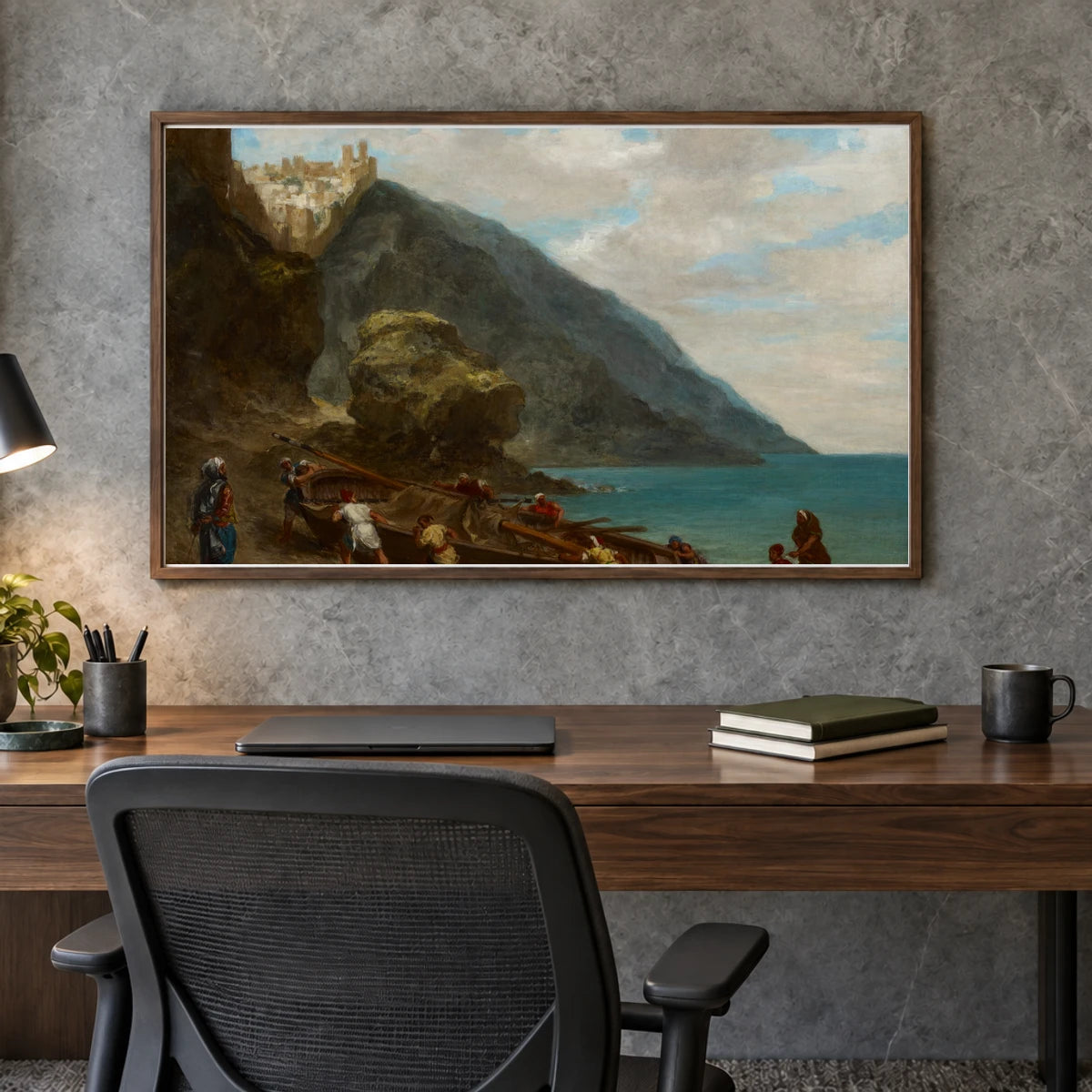 View Of Tangier From The Seashore By Eugène Delacroix — Classical Art shown in a styled interior