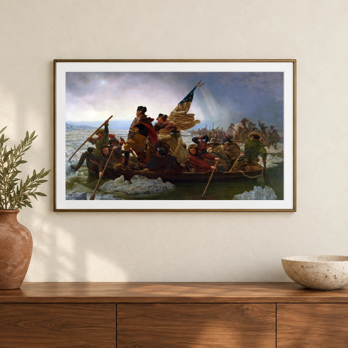 Washington Crossing The Delaware By Emanuel Leutze — Classical Art shown in a styled interior