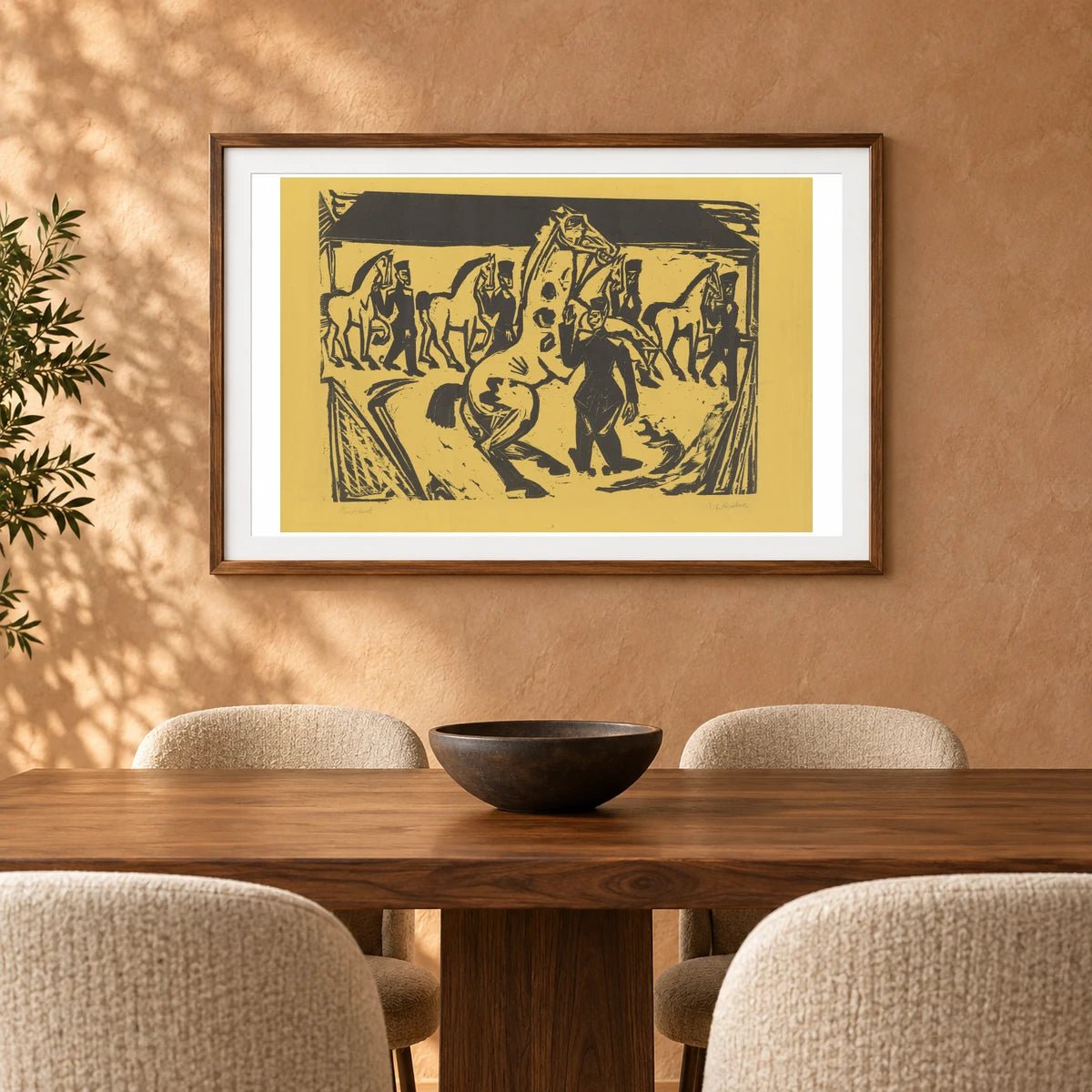 Artilleristen Beim Pferdebewegen (1915) — Ernst Ludwig Kirchner shown in a styled interior