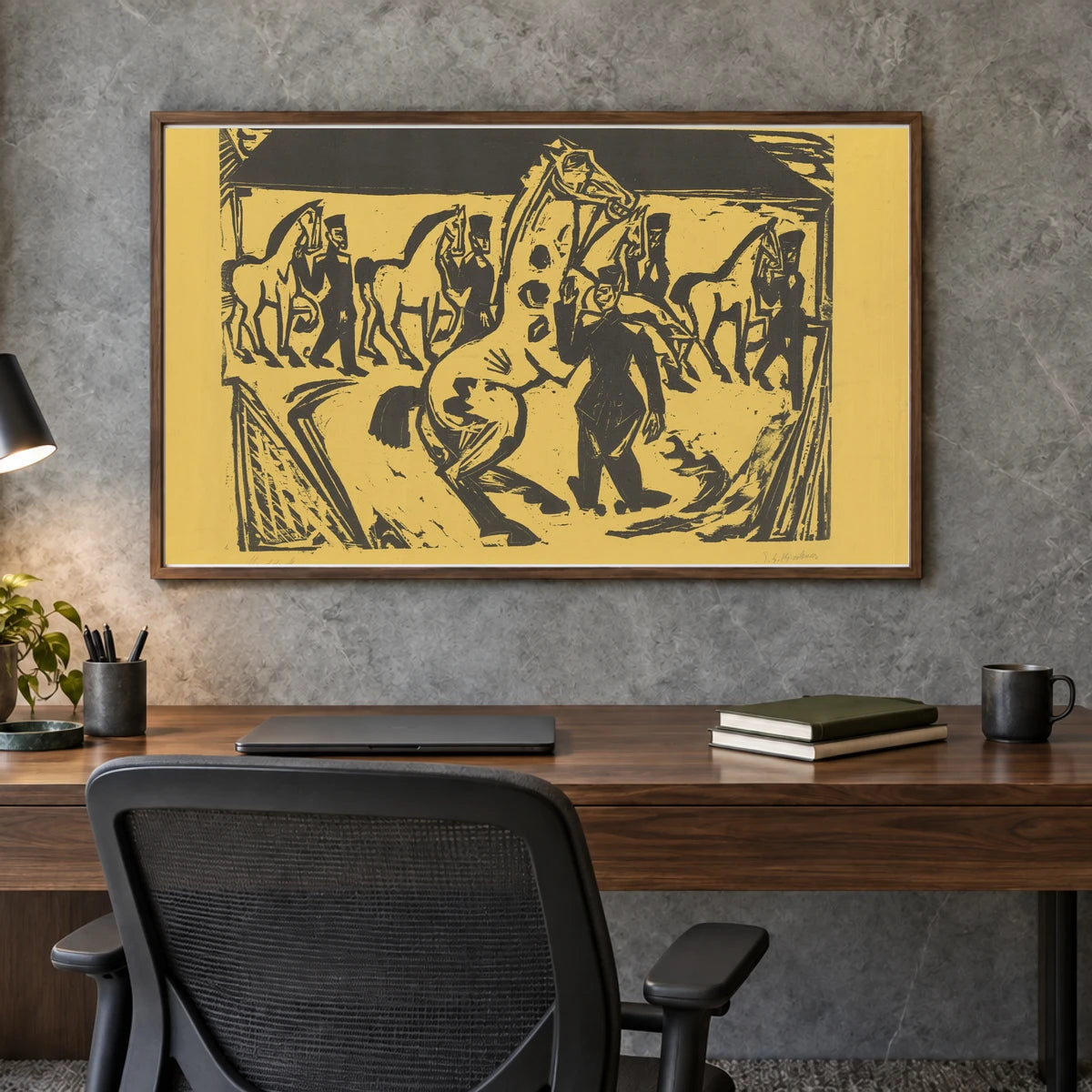 Artilleristen Beim Pferdebewegen (1915) — Ernst Ludwig Kirchner shown in a styled interior