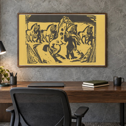 Artilleristen Beim Pferdebewegen (1915) — Ernst Ludwig Kirchner shown in a styled interior