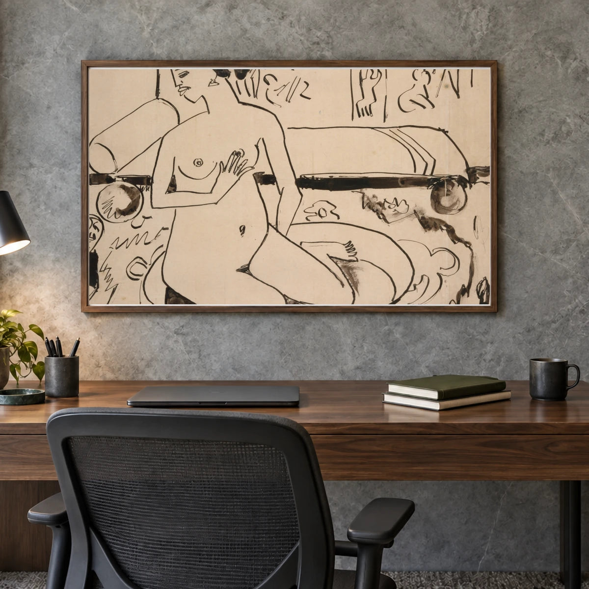 Badende Im Atelier Der Brücke (1910) — Ernst Ludwig Kirchner shown in a styled interior
