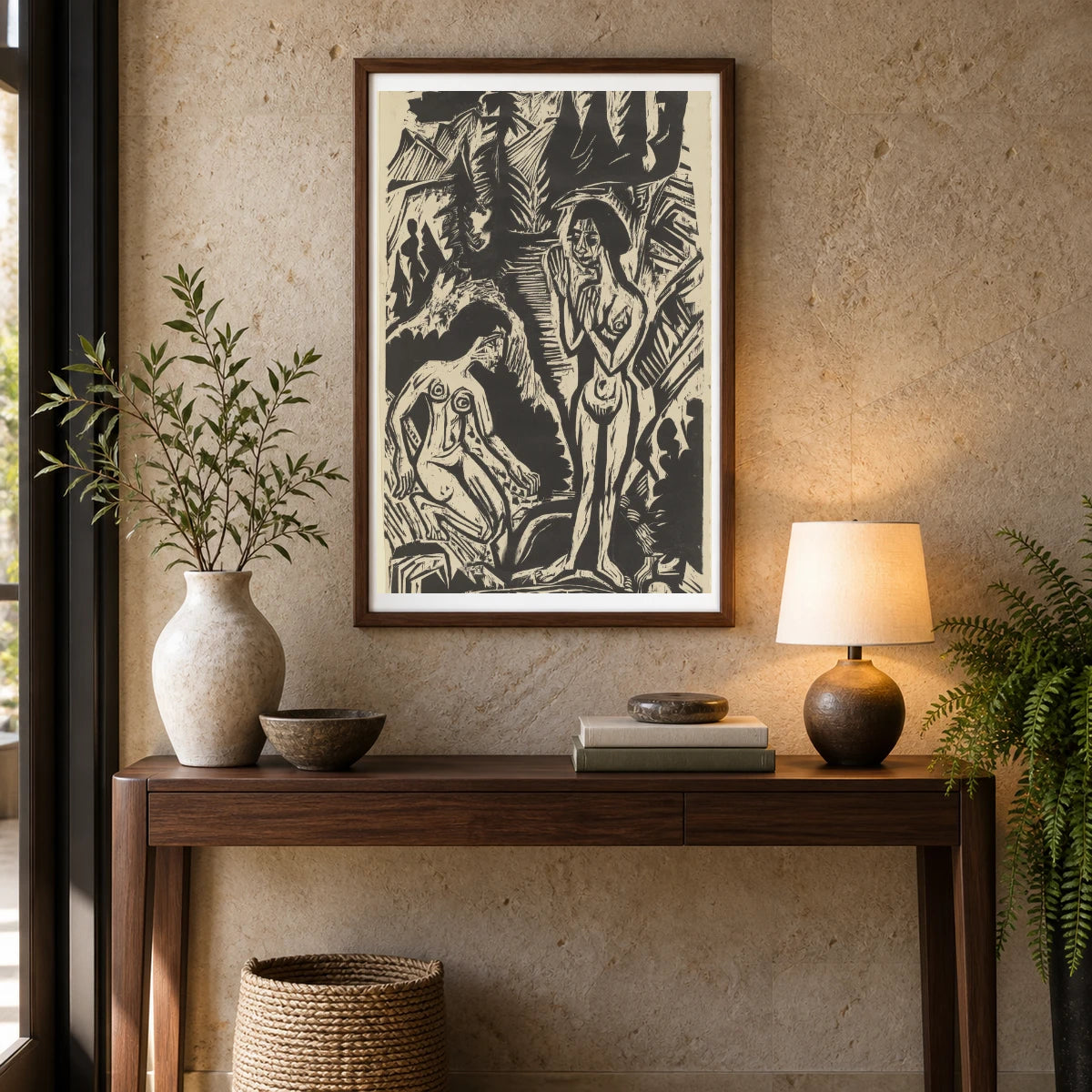 Zwei Badende Frauen Im Felsenbach (1921) — Ernst Ludwig Kirchner shown in a styled interior