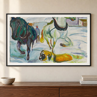 Horse Team And A St. Bernhard In The Snow (1923) — Edvard Munch shown in a styled interior
