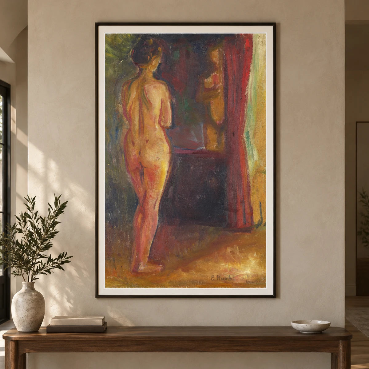 Nude In Front Of The Mirror (1902) — Edvard Munch shown in a styled interior