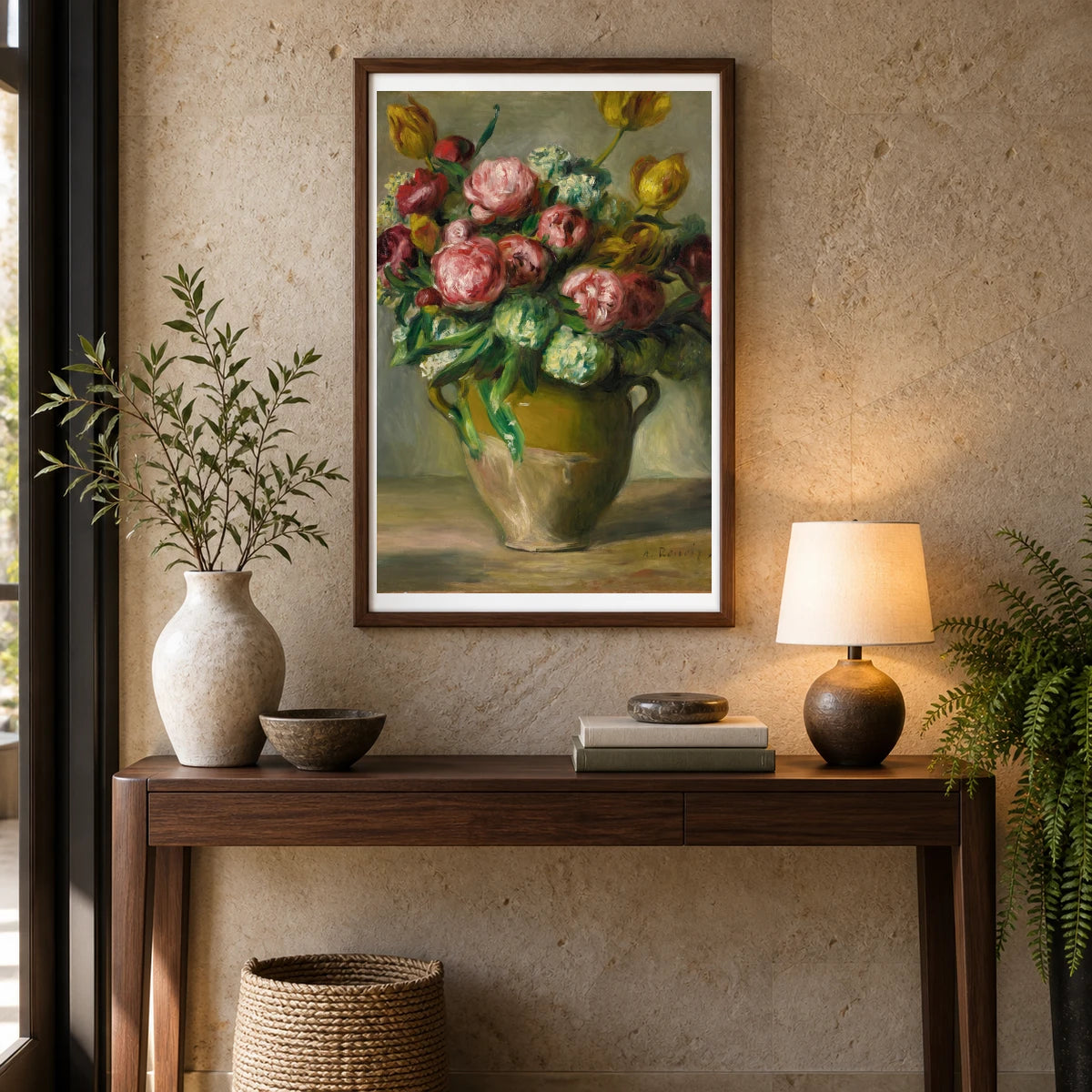 Vase De Pivoines (circa 1872) — Pierre-Auguste Renoir shown in a styled interior
