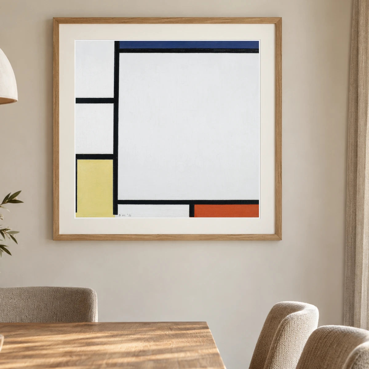 Composition With Blue, Red, Yellow, And Black (1922) — Piet Mondrian shown in a styled interior