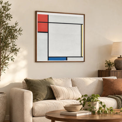 Composition With Red, Yellow, And Blue (1927) — Piet Mondrian shown in a styled interior