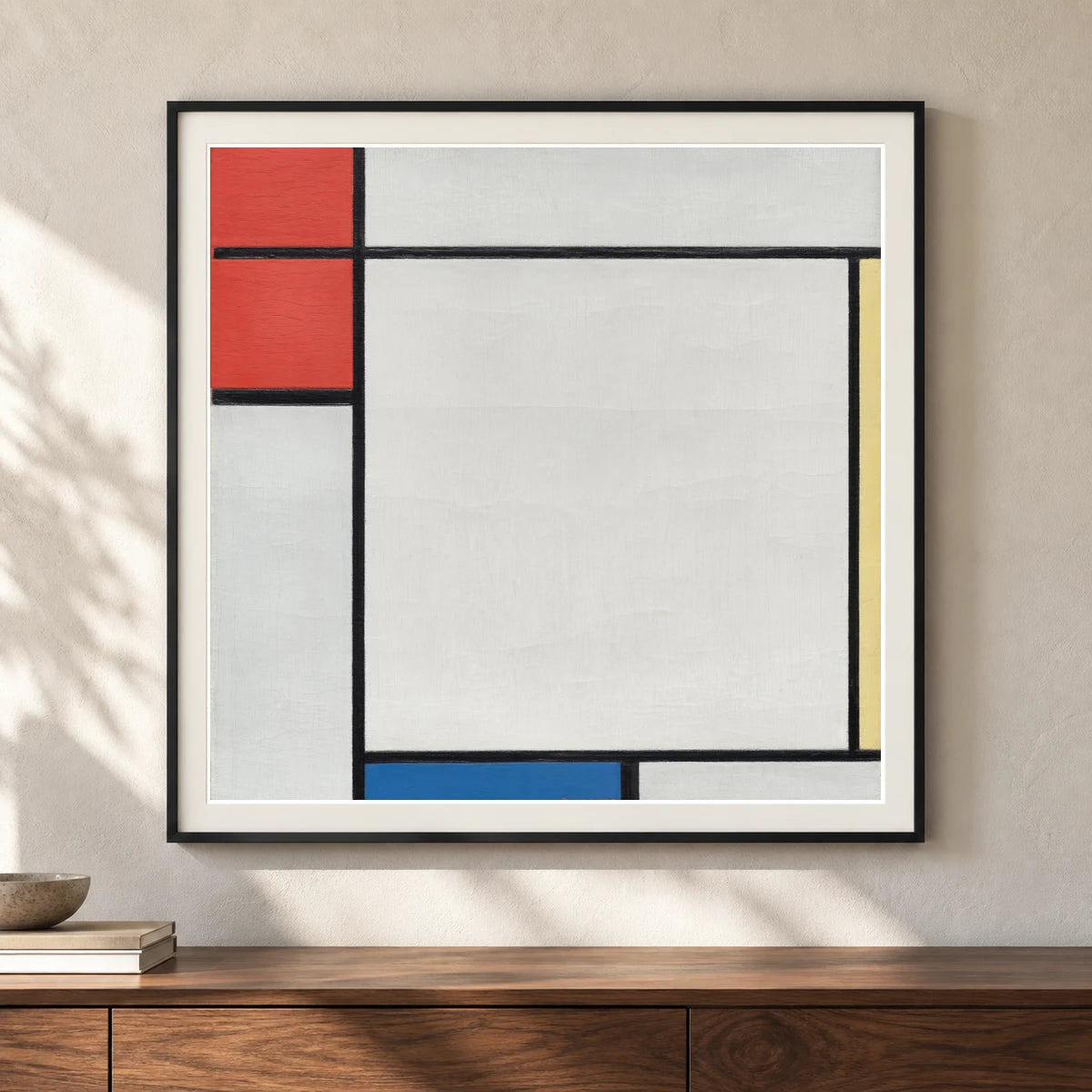 Composition With Red, Yellow, And Blue (1927) — Piet Mondrian shown in a styled interior
