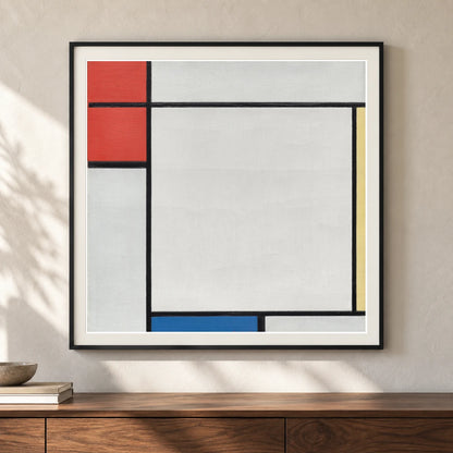 Composition With Red, Yellow, And Blue (1927) — Piet Mondrian shown in a styled interior