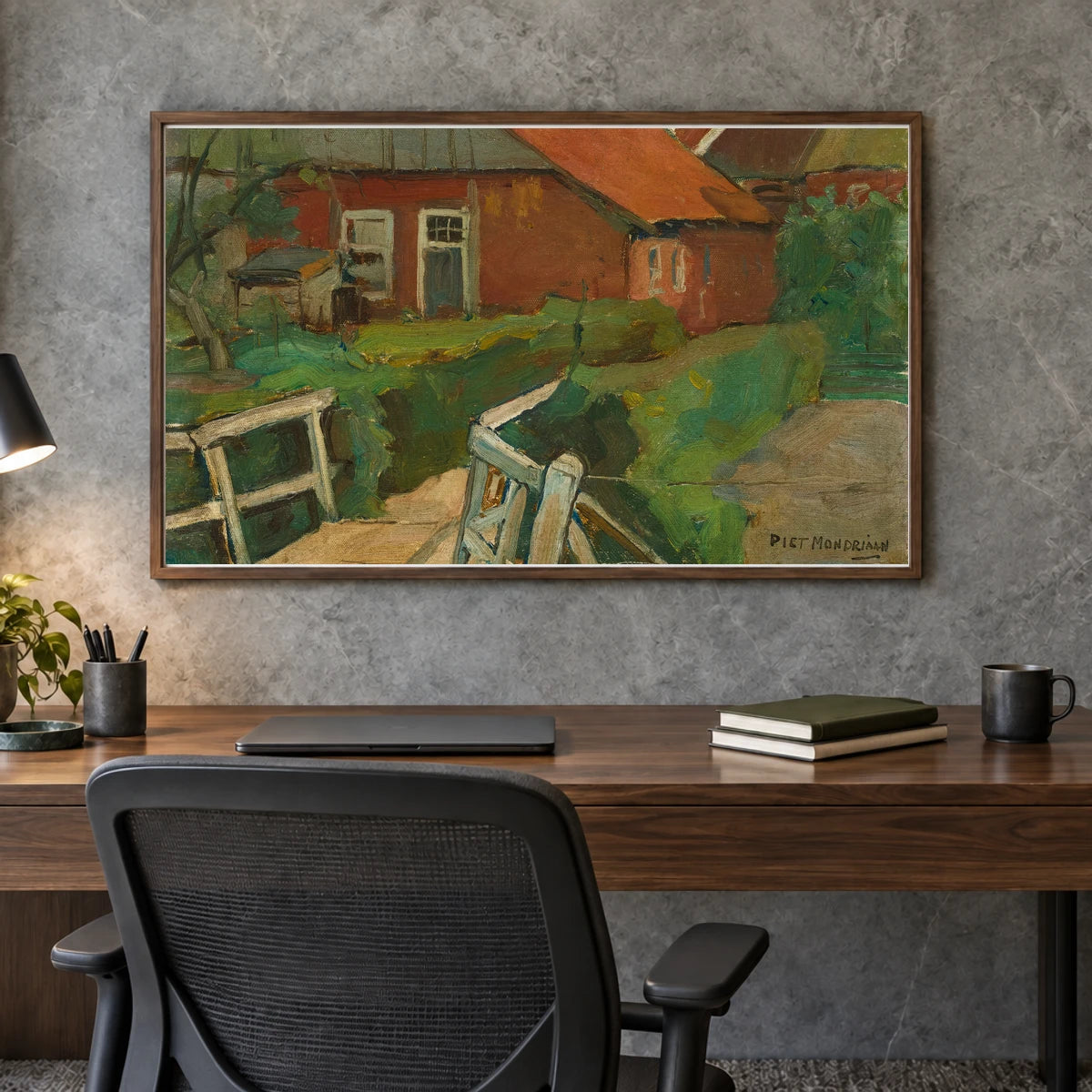 Farm Building With Bridge (circa 1899) — Piet Mondrian shown in a styled interior