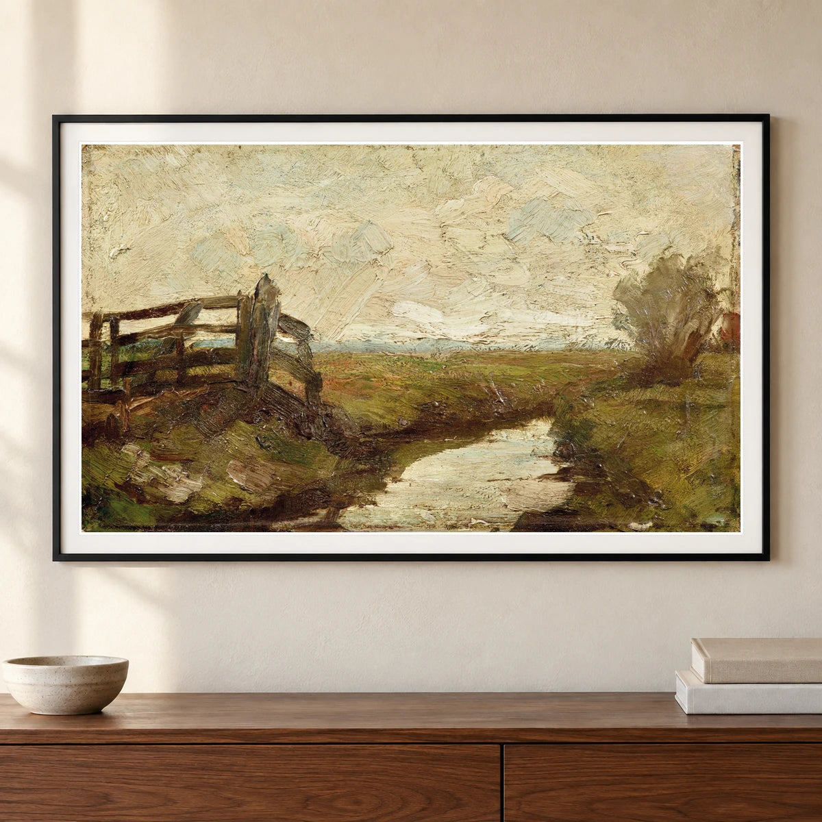 Irrigation Ditch With Wood Gate At Left (1894–1895) — Piet Mondrian shown in a styled interior