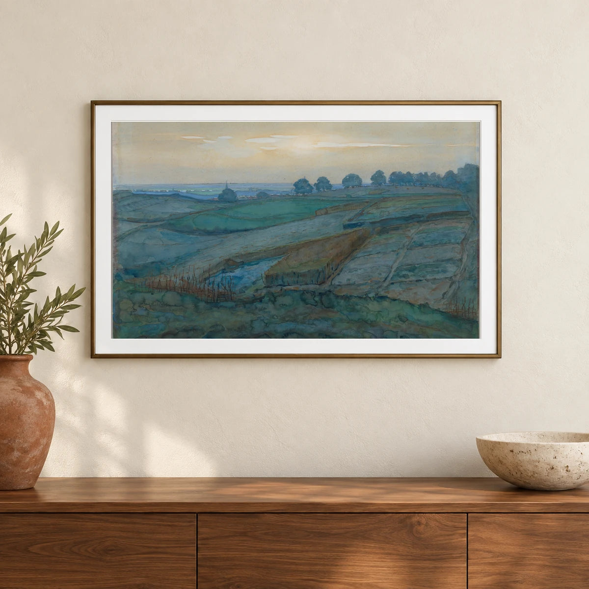 Landscape Near Arnhem (1900–1901) — Piet Mondrian shown in a styled interior