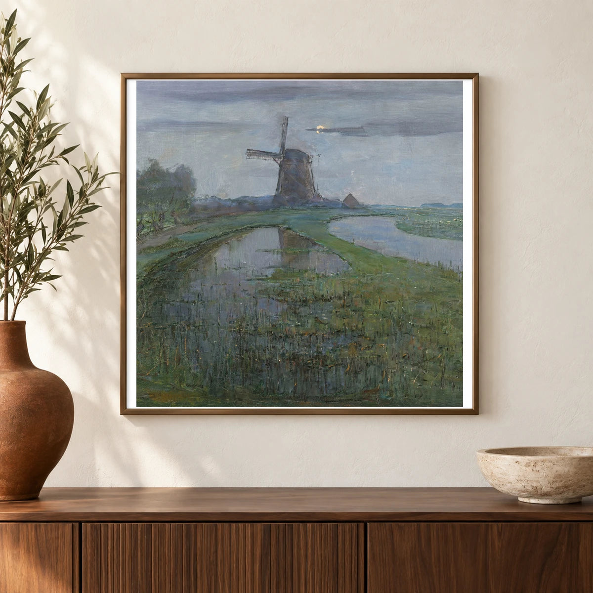 Oostzijdse Mill Along The River Gein By Moonlight (c. 1903) — Piet Mondrian shown in a styled interior