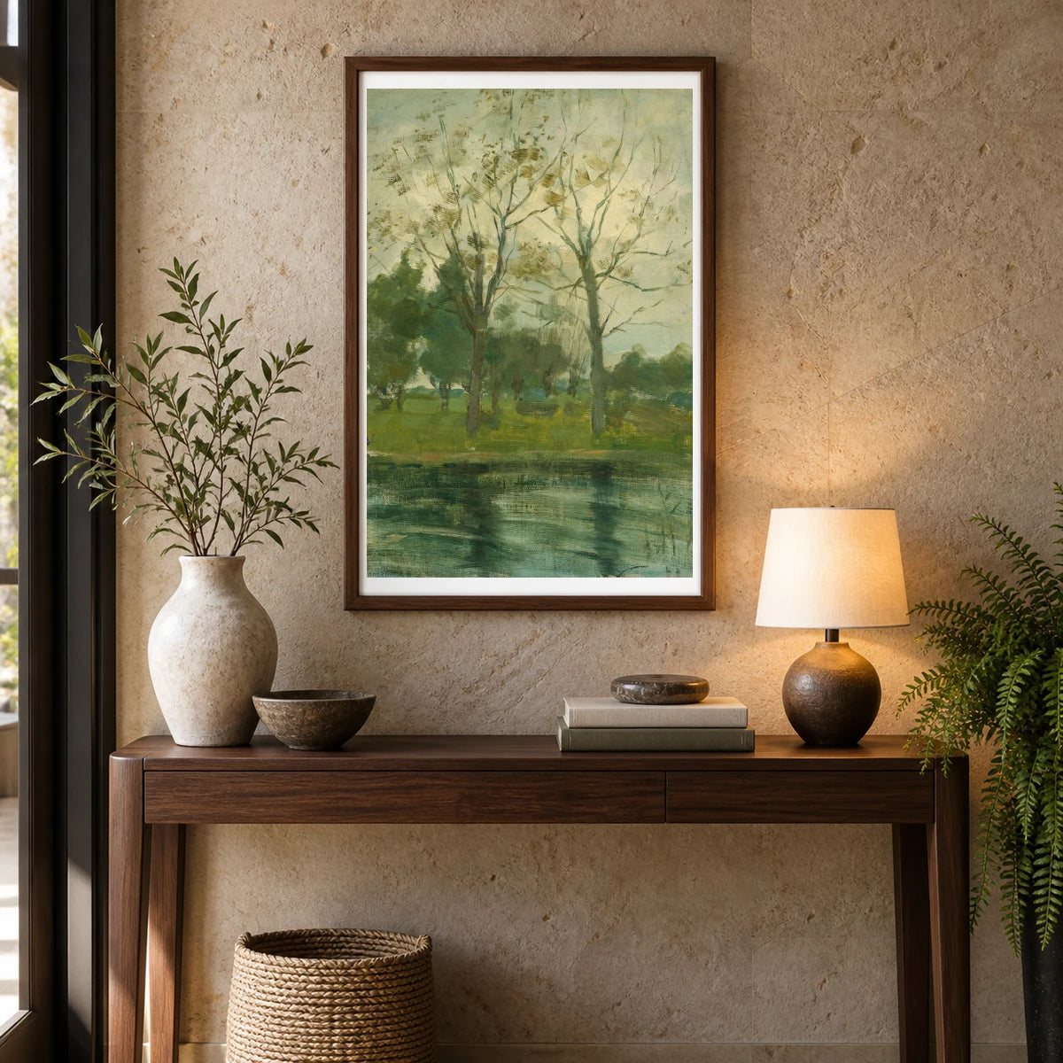 Two Trees Silhouetted Behind A Water Course (1900 02) — Piet Mondrian shown in a styled interior