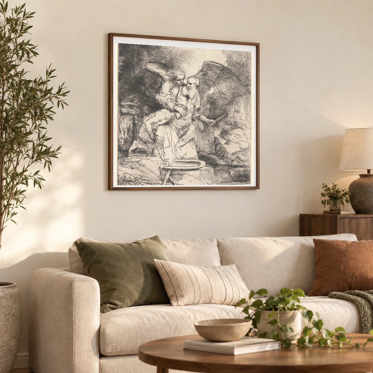 Abraham’s Sacrifice — Rembrandt van Rijn shown in a styled interior
