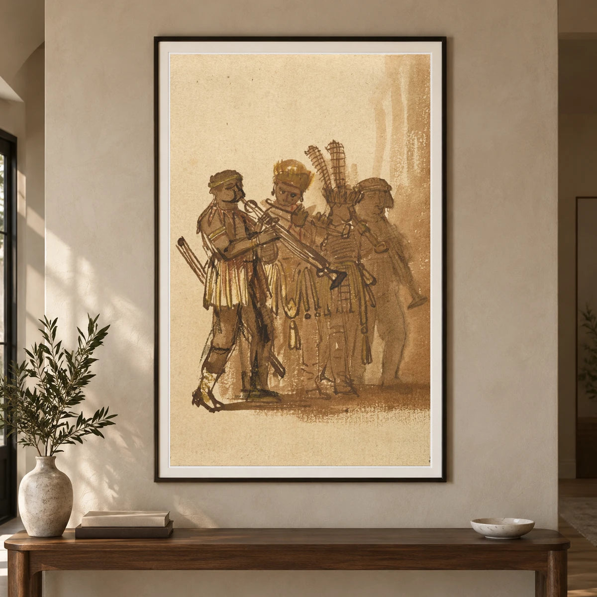 Four Musicians With Wind Instruments — Rembrandt van Rijn shown in a styled interior