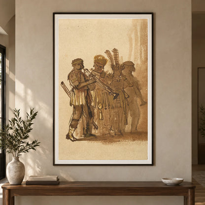 Four Musicians With Wind Instruments — Rembrandt van Rijn shown in a styled interior