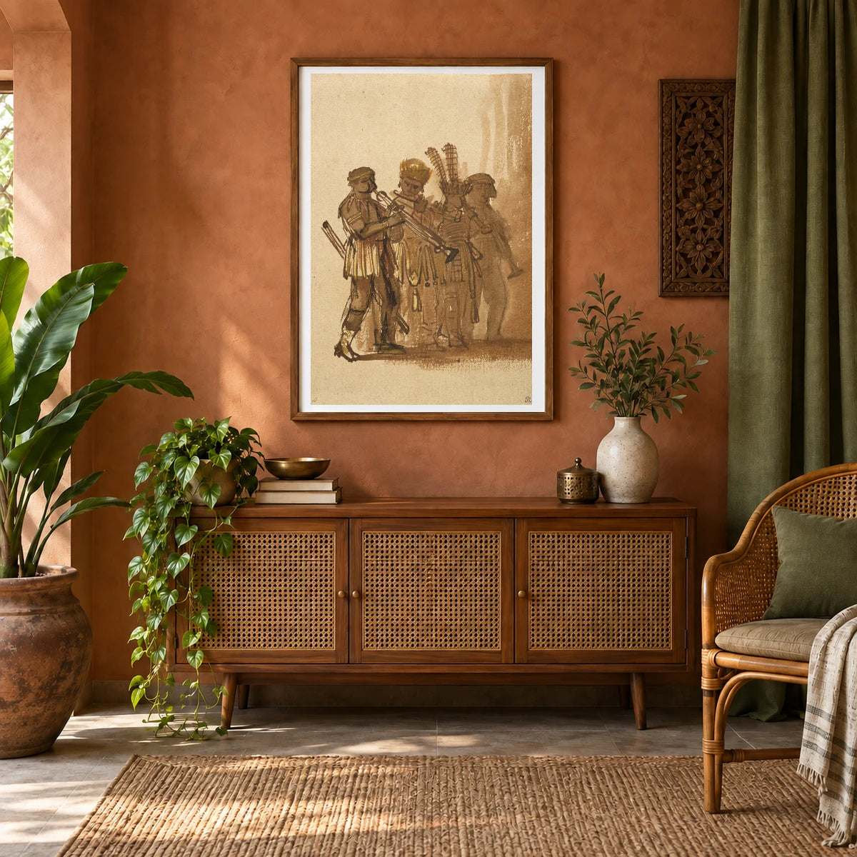 Four Musicians With Wind Instruments — Rembrandt van Rijn shown in a styled interior