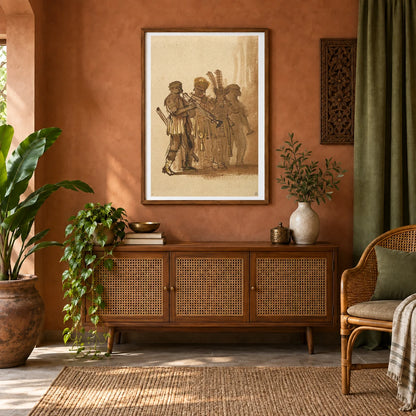 Four Musicians With Wind Instruments — Rembrandt van Rijn shown in a styled interior