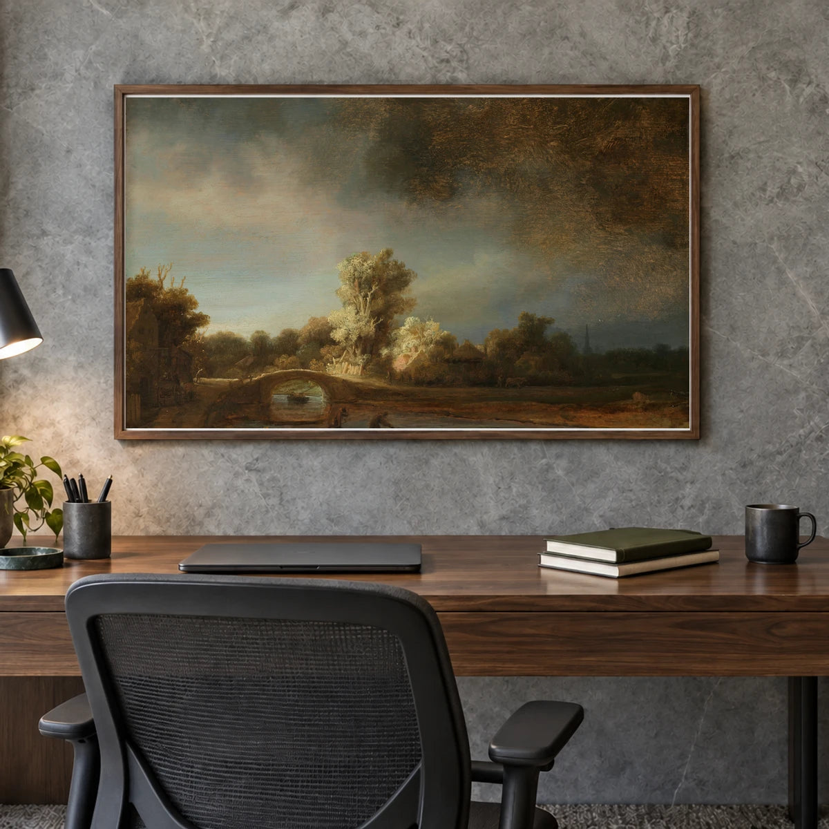 Landscape With A Stone Bridge (c. 1638) — Rembrandt van Rijn shown in a styled interior