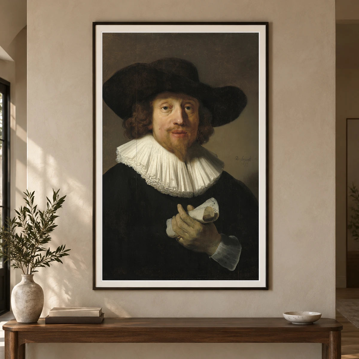 Man With A Sheet Of Music — Rembrandt van Rijn shown in a styled interior