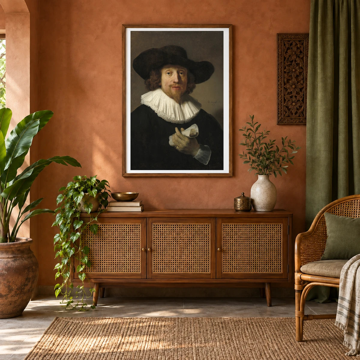 Man With A Sheet Of Music — Rembrandt van Rijn shown in a styled interior