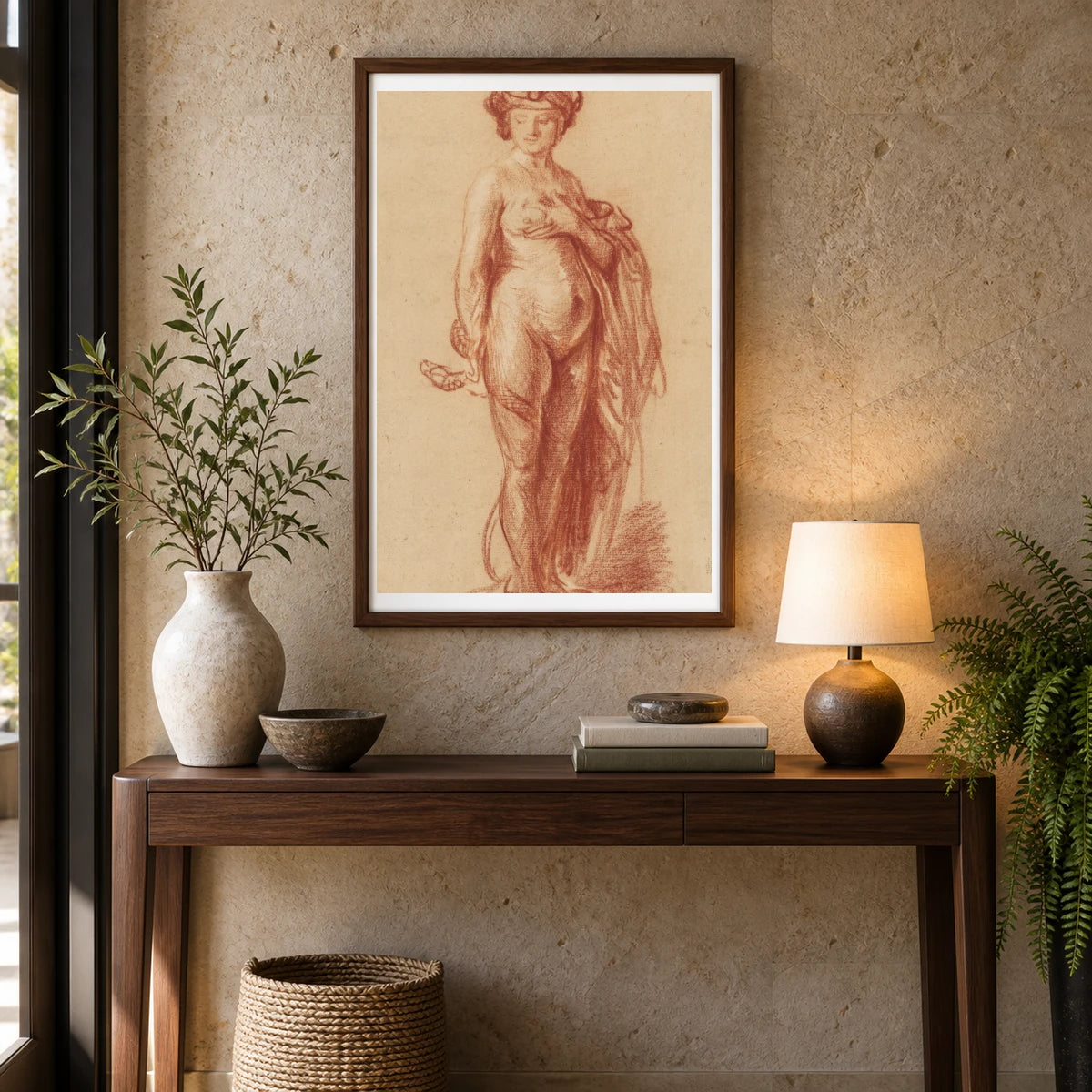Nude Woman With A Snake — Rembrandt van Rijn shown in a styled interior