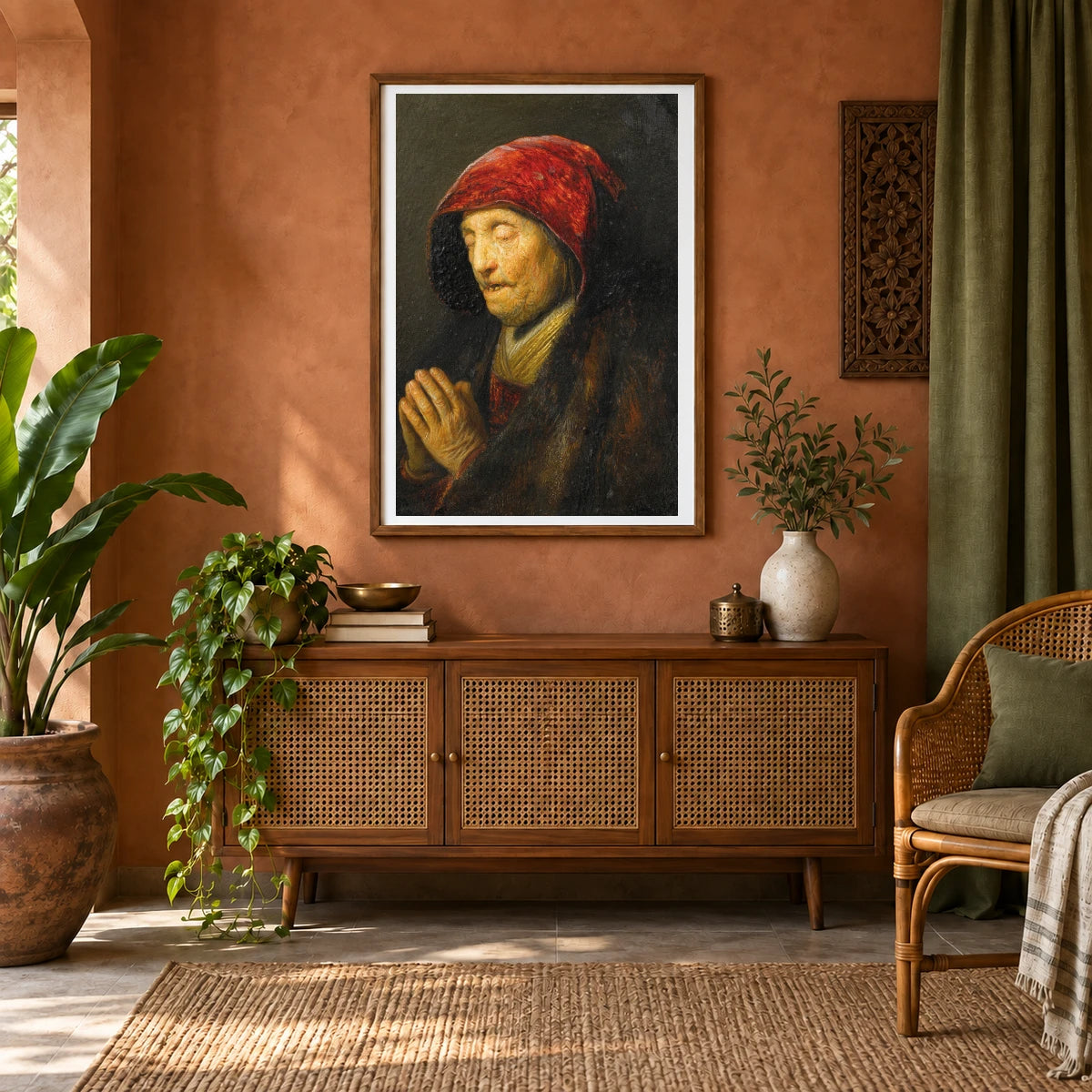 Old Woman Praying (1629 1630) — Rembrandt van Rijn shown in a styled interior