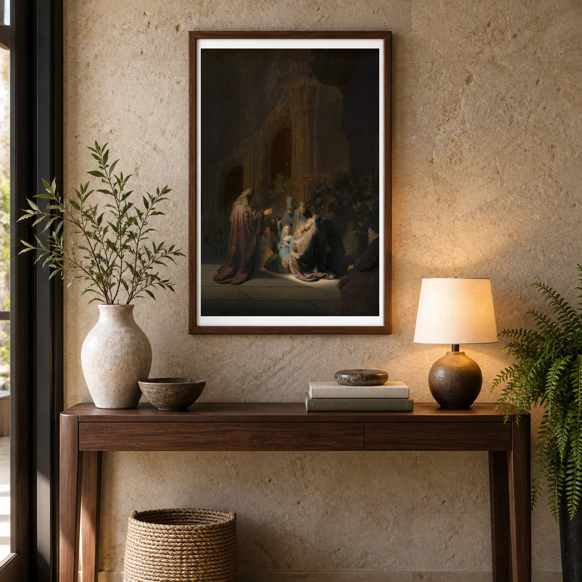 Simeon’s Song Of Praise — Rembrandt van Rijn shown in a styled interior