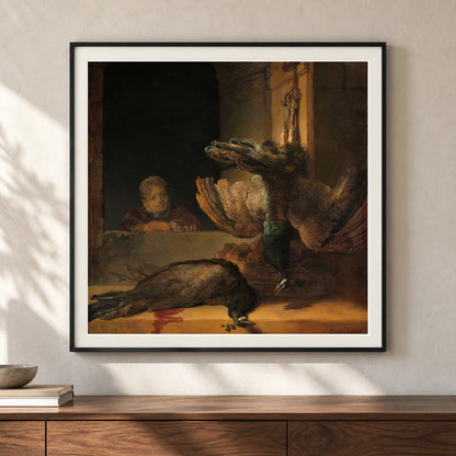 Still Life With Peacocks (c. 1639) — Rembrandt van Rijn shown in a styled interior