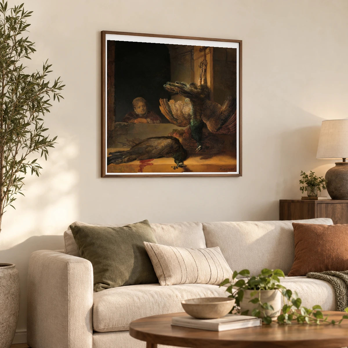 Still Life With Peacocks (c. 1639) — Rembrandt van Rijn shown in a styled interior