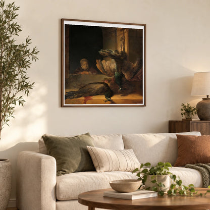 Still Life With Peacocks (c. 1639) — Rembrandt van Rijn shown in a styled interior
