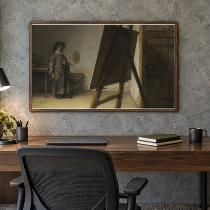 The Artist In His Studio (c. 1628) — Rembrandt van Rijn shown in a styled interior