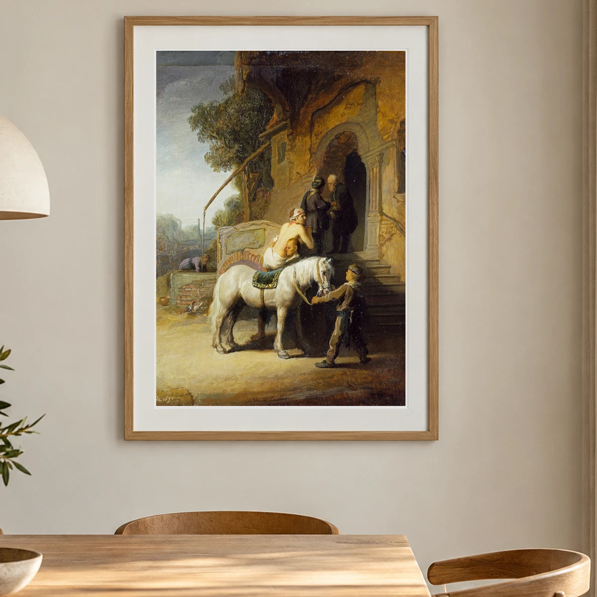 The Good Samaritan — Rembrandt van Rijn shown in a styled interior