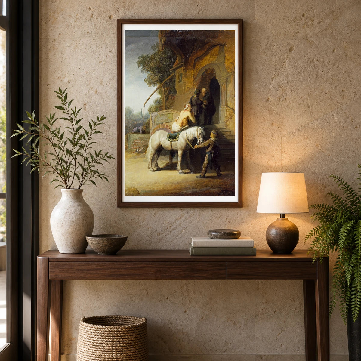 The Good Samaritan — Rembrandt van Rijn shown in a styled interior